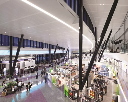 Curved design lines and varied ceiling heights aid intuitive wayfinding.