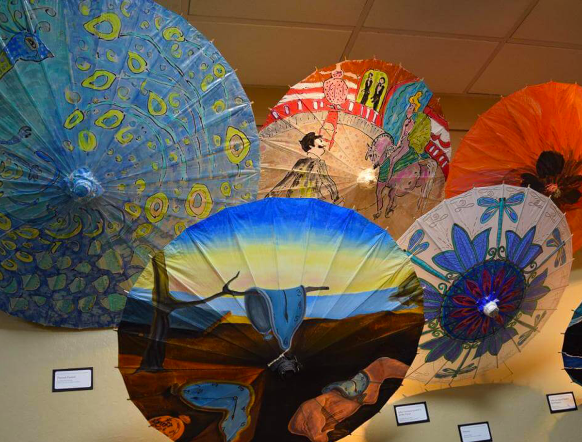 Display of ornate paper umbrellas