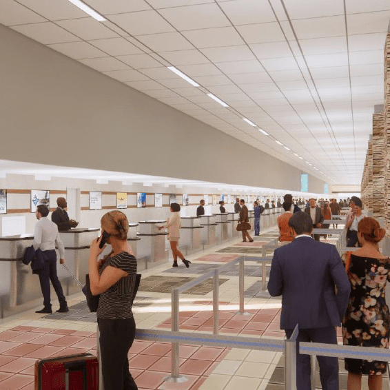 Realistic rendering of the new ticketing hall soffit above ticketing counters