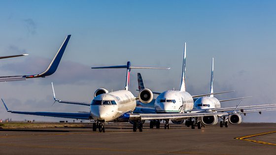 Sea-Tac Airport Planes on taxiway await takeoff