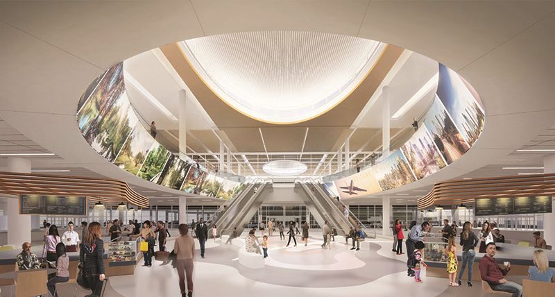 An elliptical skylight and video installation designed by Fentress Architects will provide natural light and a major wayfinding landmark.