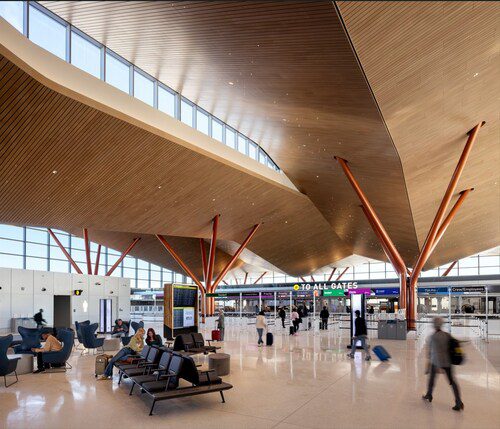 Designed by Gensler + HDR in association with luis vidal + architects, the new Pittsburgh International Airport terminal ushers in the next era of aviation for the region’s travelers and introduces a new front door to the Pittsburgh region. Photo Credit: Ema Peter