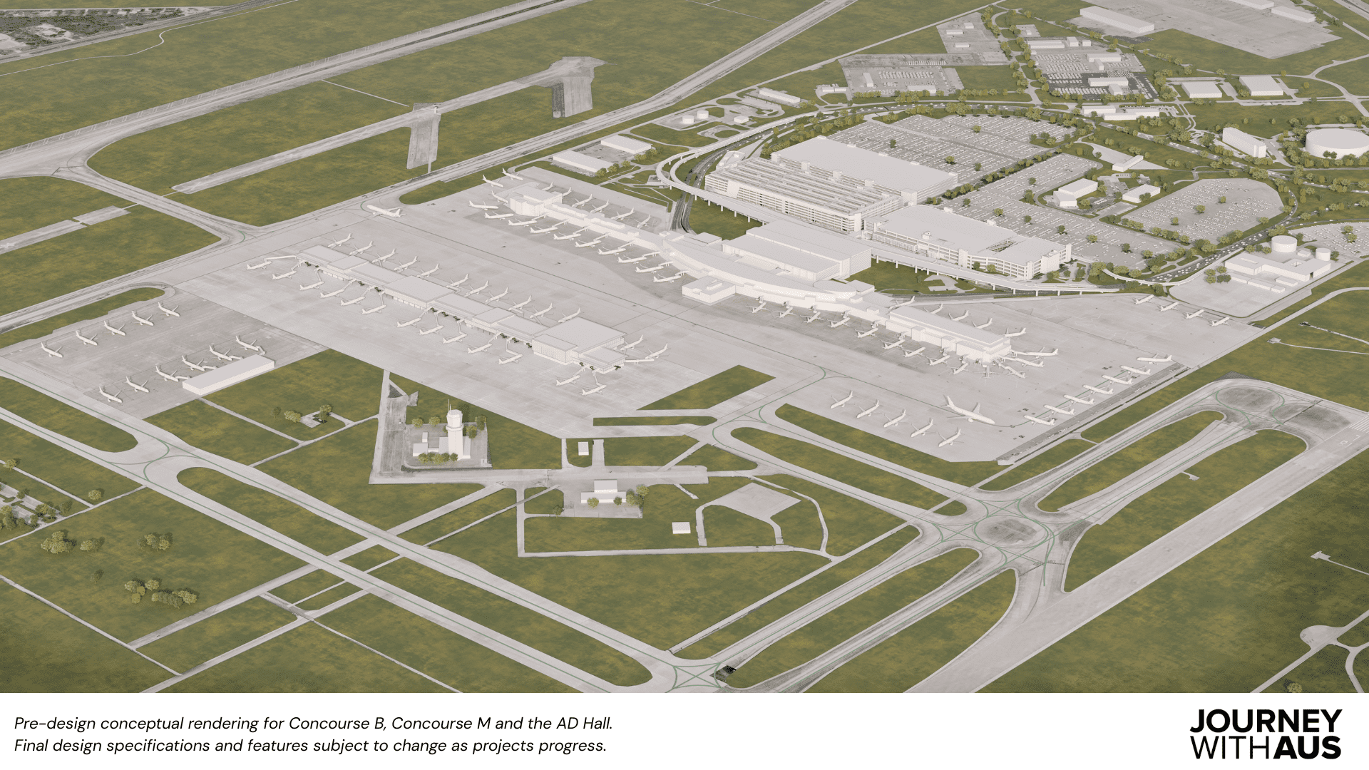 Conceptual aerial rendering of Austin-Bergstrom International Airport showing planned expansions under the Journey With AUS program, including Concourse B, Concourse M, and a new Arrivals and Departures Hall, with aircraft at gates, roadways, parking structures, and surrounding airport infrastructure.