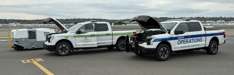 The airport also purchased hybrid electric pickup trucks (pictured) and light-duty landscaping trucks that are full electric (not pictured).